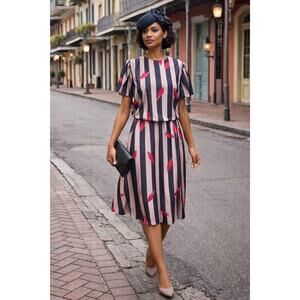 Vintage AJAX Dress M/L Taupe Black Stripe Tulip Sleeve Midi Made USA